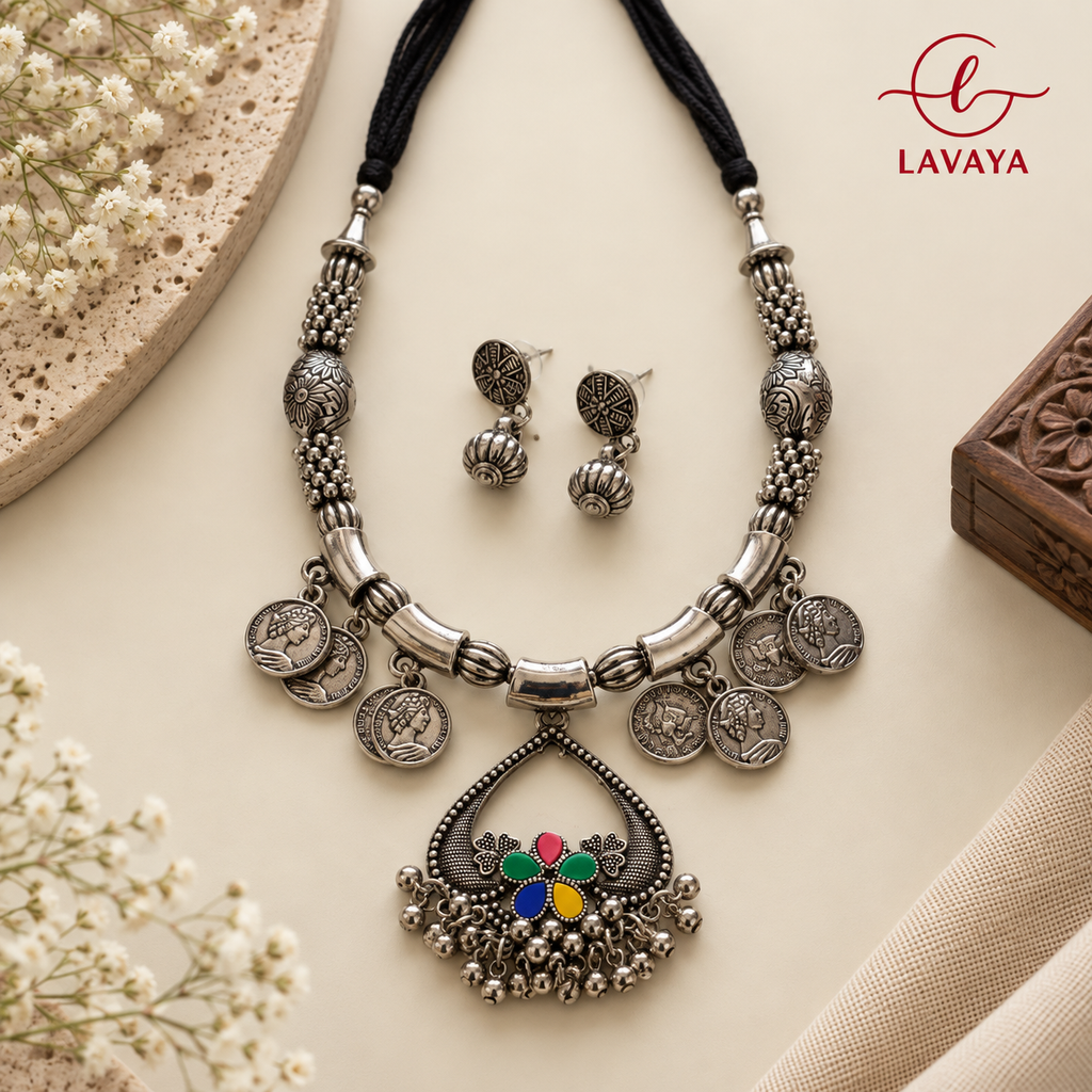 Lavaya The Meena Chandrika: Handcrafted Oxidized Silver Peacock Horseshoe Collar Necklace Set with Colorful Enamel Floral Inlay & Dangler Earrings