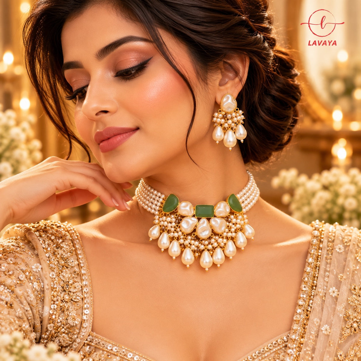 Lavaya Royal Emerald Green & Pearl Multi-Layer Choker Necklace Set with Matching Pearl Drop Earrings