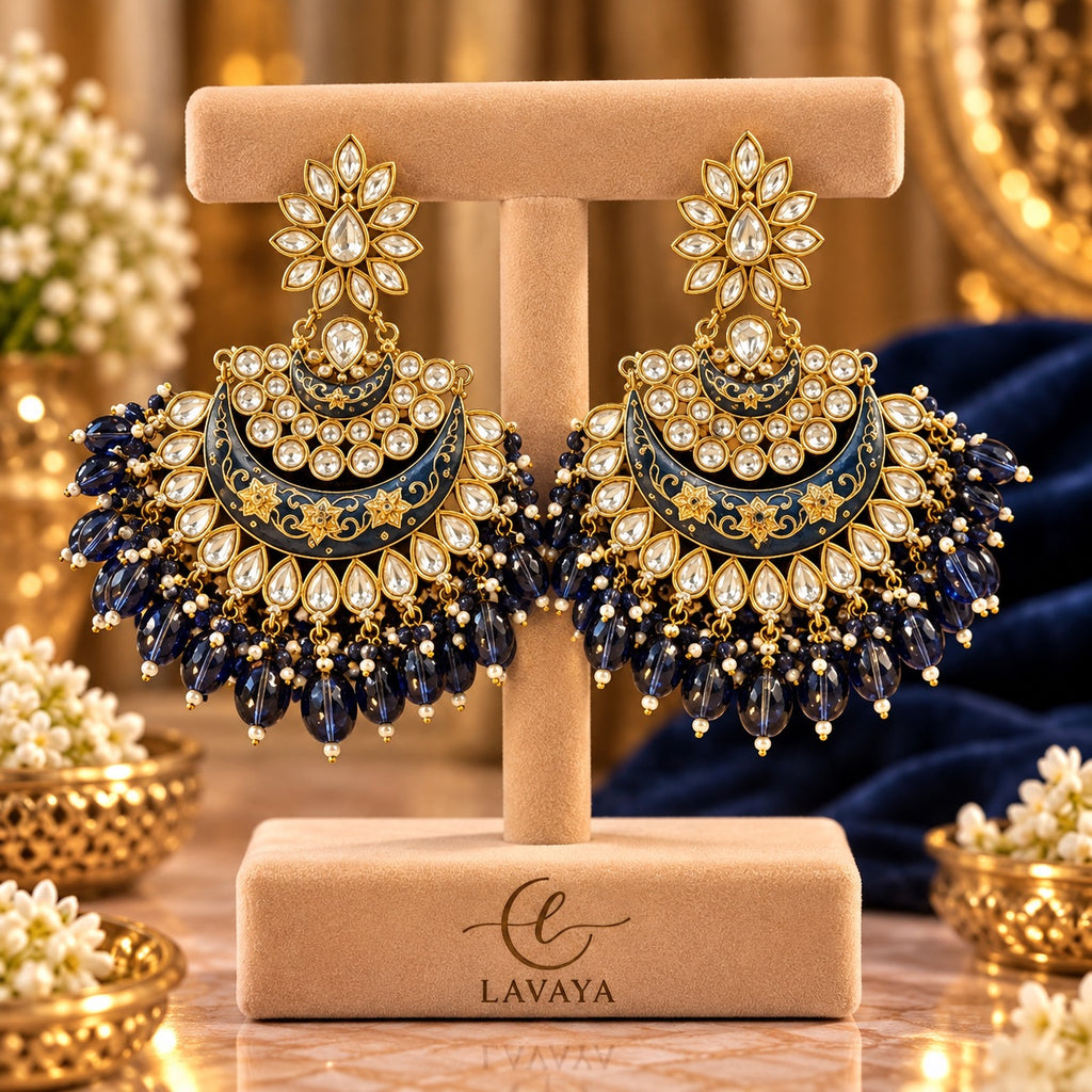 Lavaya Royal Midnight Blue Meenakari Kundan Chandbali Earrings with Elegant Bead Drops
