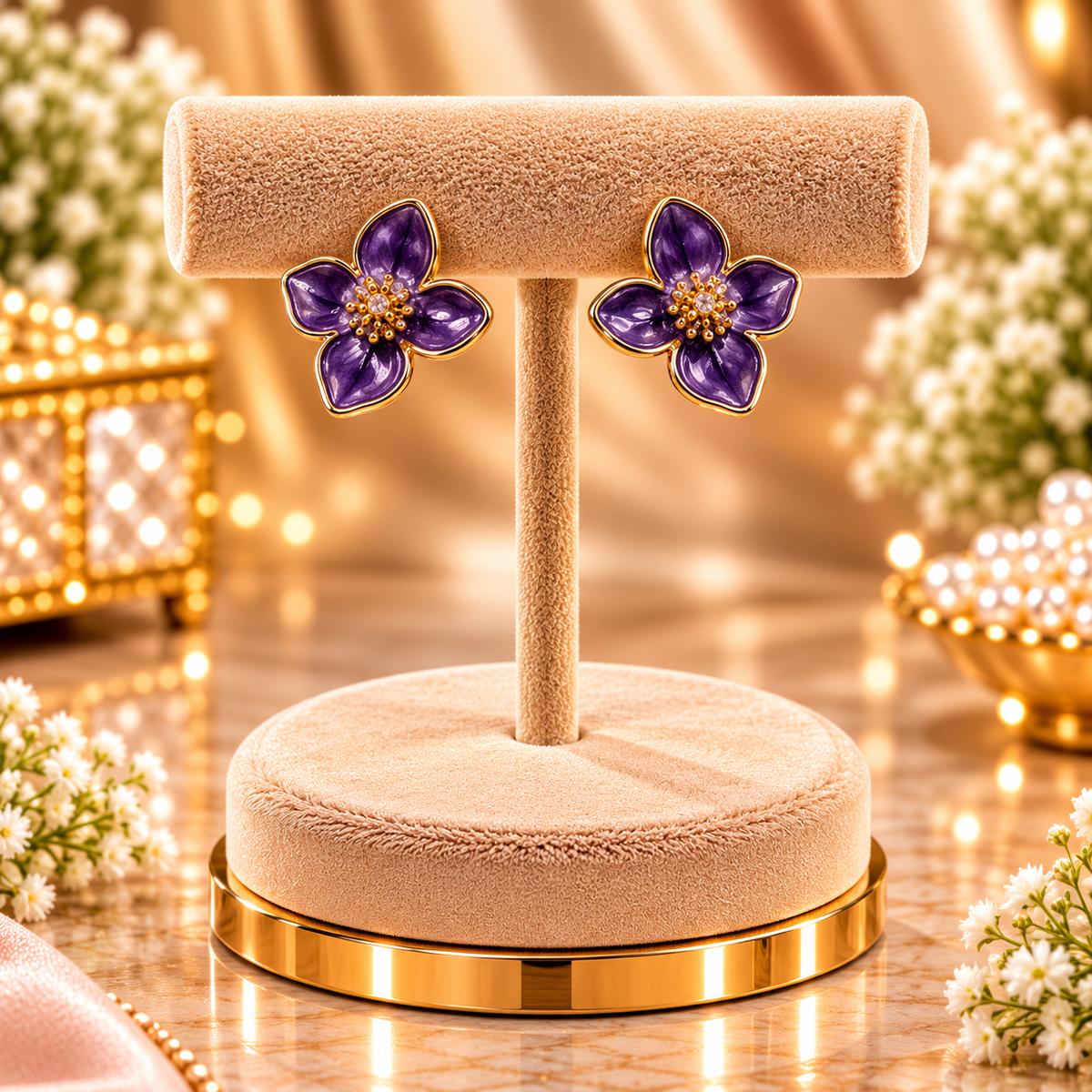 Royal Purple Enamel Floral Stud Earrings