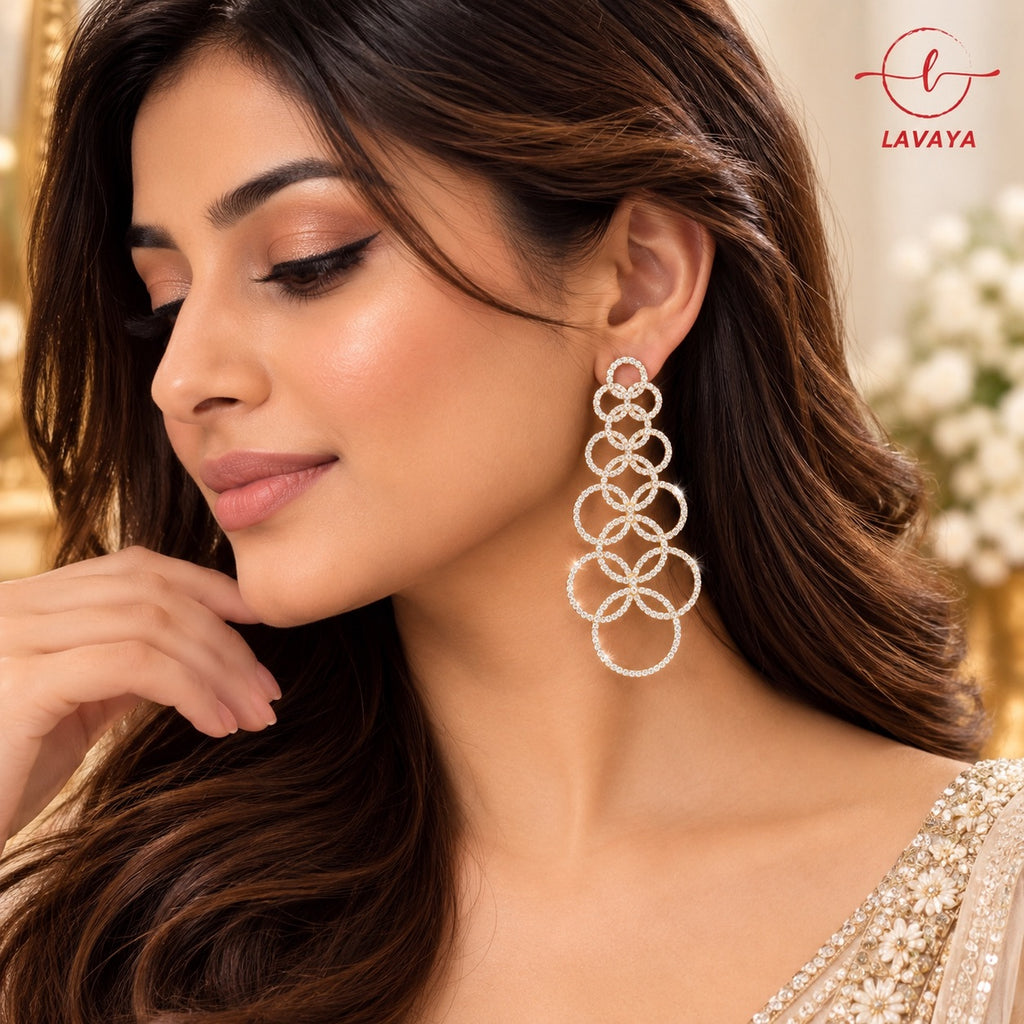 Lavaya Luxury Silver-Tone Crystal Multi-Circle Chandelier Earrings for Women – Premium Elegant Designer Long Dangle Statement Party Wear Jewellery