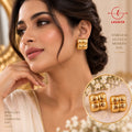 Chunky Divided Square-Cushion Gold Statement Ear Tops with Fine Herringbone Etching