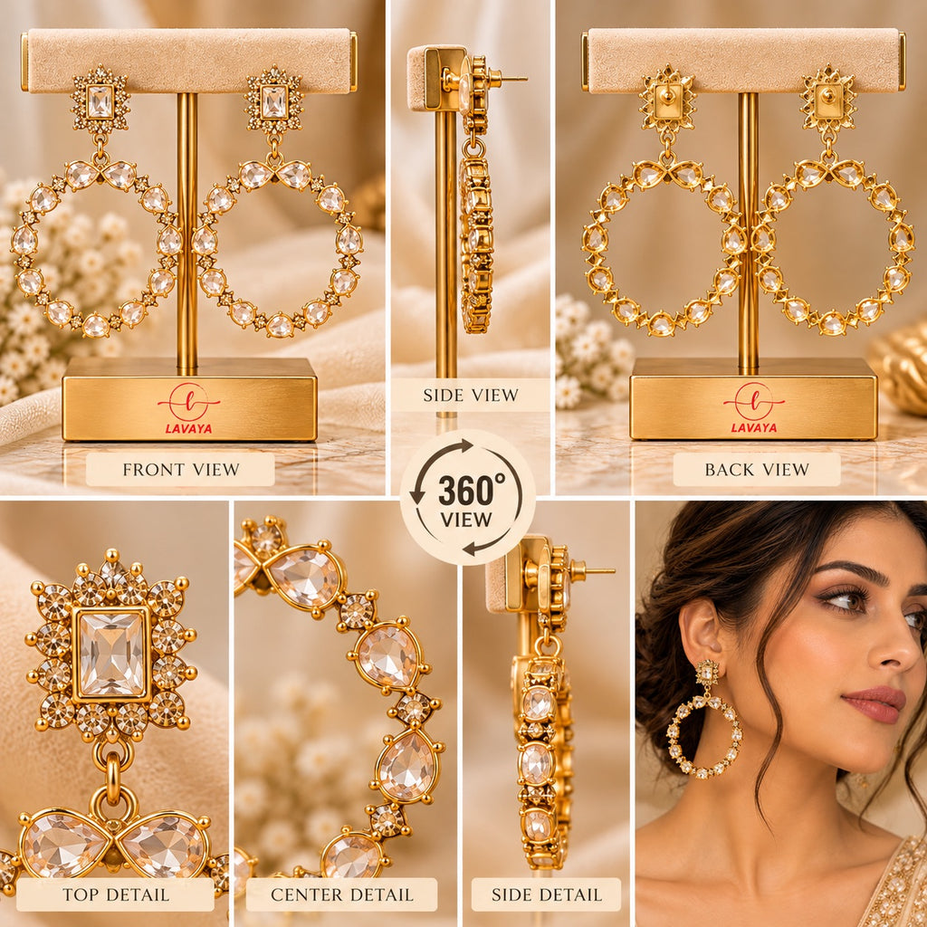 Lavaya Royal Crystal-Studded Gold Statement Hoop Earrings