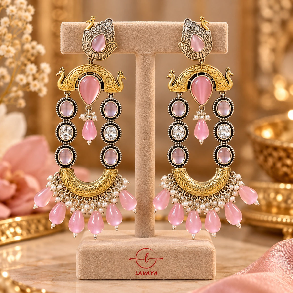 Lavaya Royal Blush Pink Peacock Chandbali Earrings with Pearl & Pink Bead Drops
