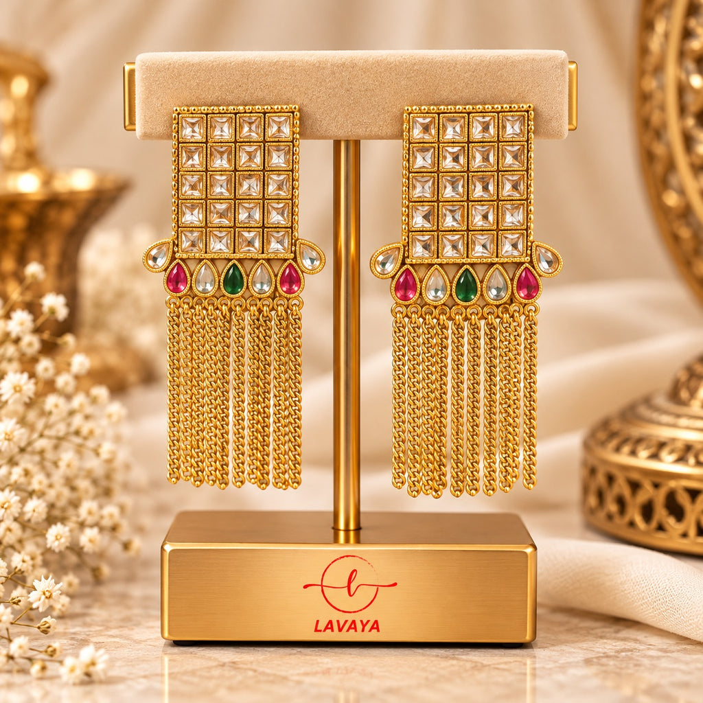 Lavaya Royal Kundan Multicolour Stone Gold-Toned Chain Tassel Statement Earrings
