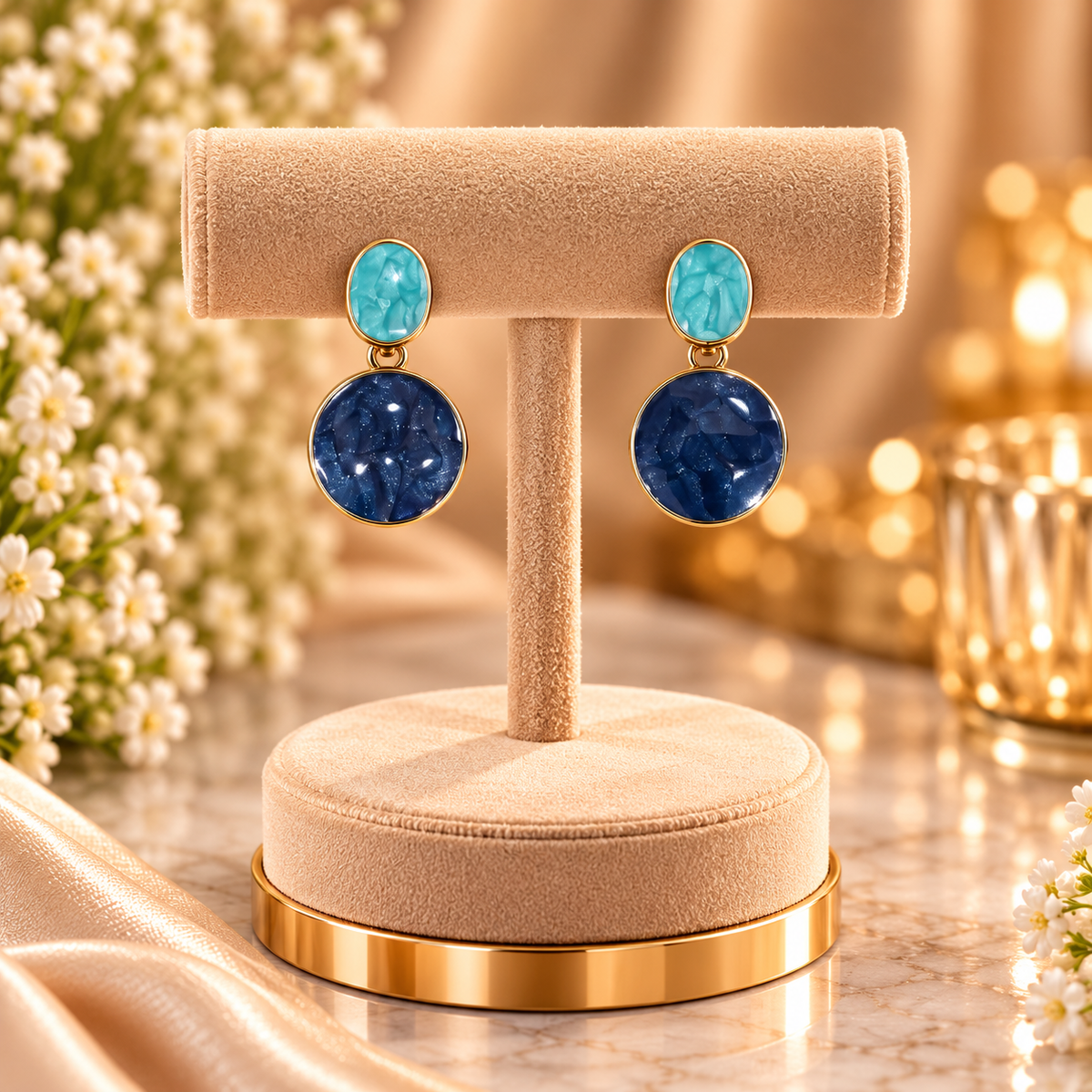 Turquoise & Deep Blue Dual Stone Drop Earrings