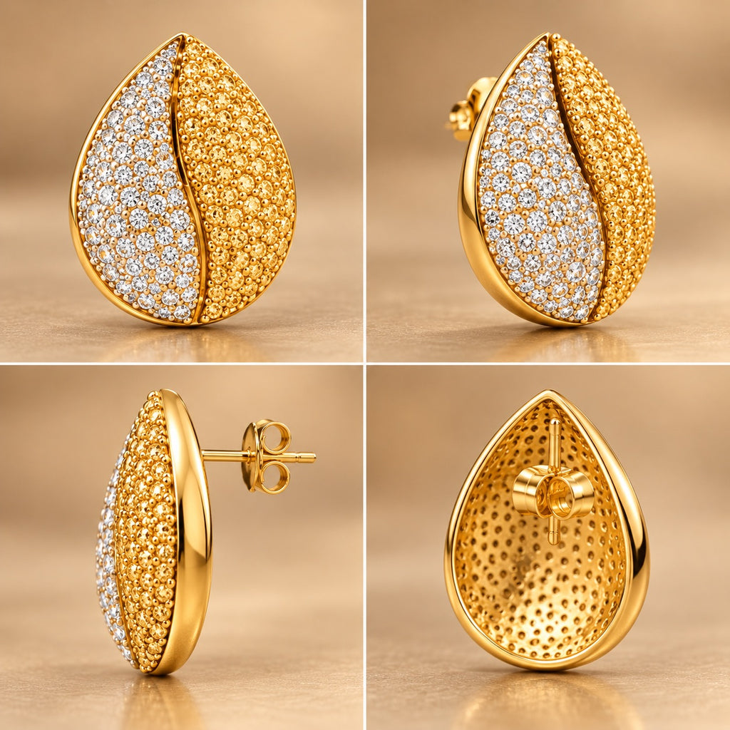 Lavaya Luxury Gold-Tone Two-Tone Crystal Embellished Leaf Stud Earrings for Women