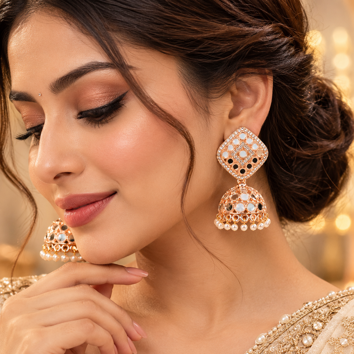 Mirror Work Rose Gold Jhumka Earrings