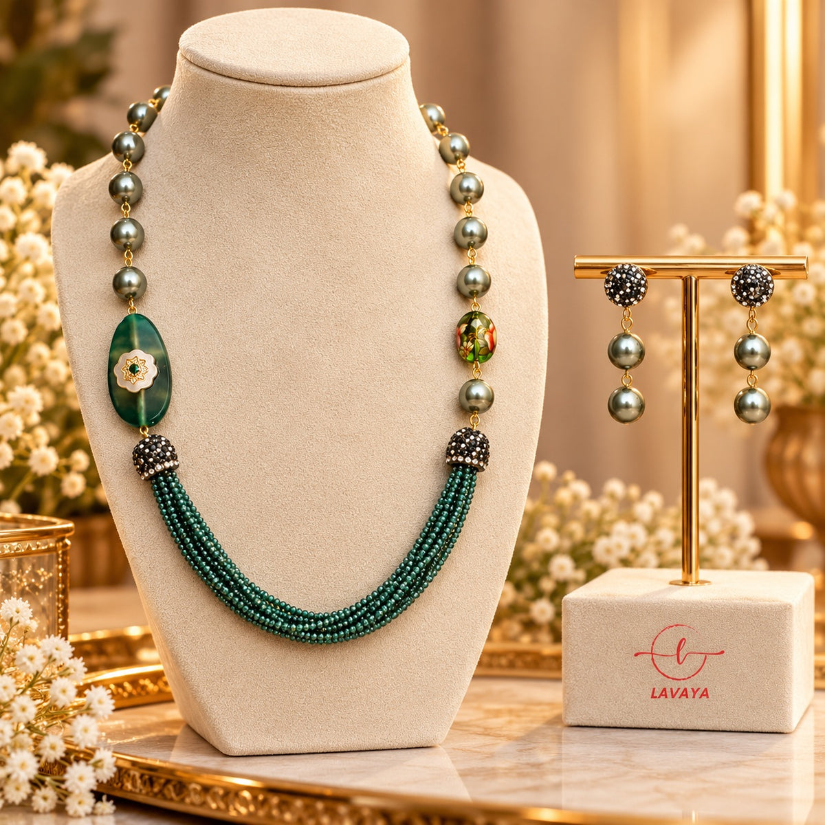 Lavaya Emerald Green Multi-Strand Beaded Necklace with Olive Pearl Accents & Matching Drop Earrings Jewellery Set