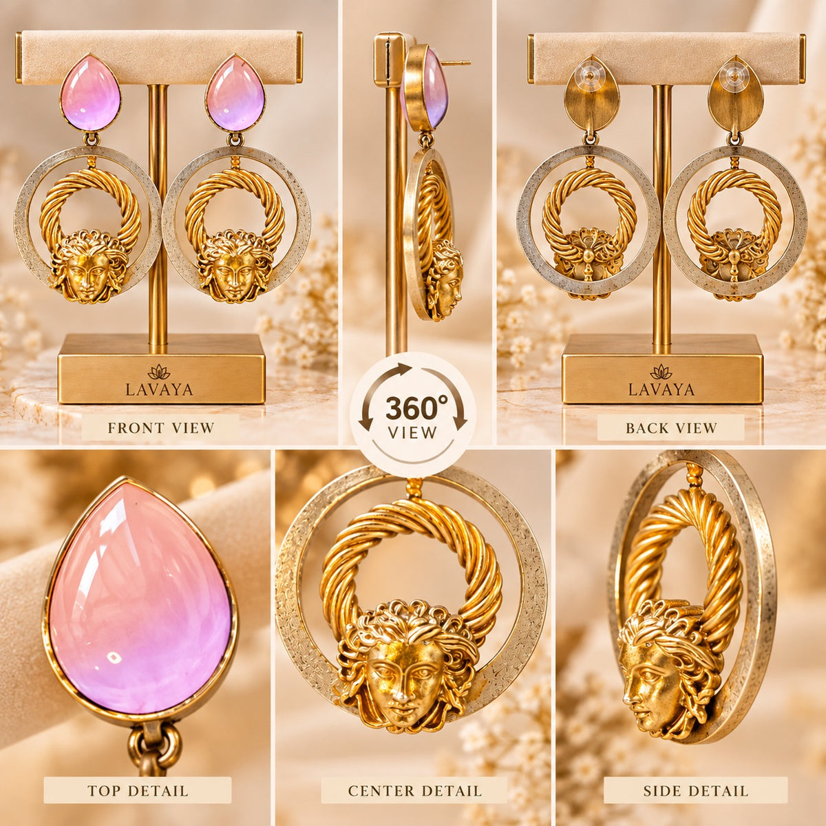 Lavaya Pink Teardrop & Antique Gold Medusa-Inspired Statement Hoop Earrings
