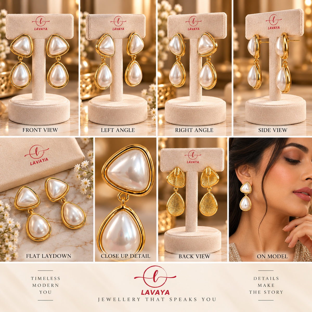 Two-Tier Geometric Triangle & Teardrop Pearl Cabochon Drop Earrings in Gold Bezel Setting