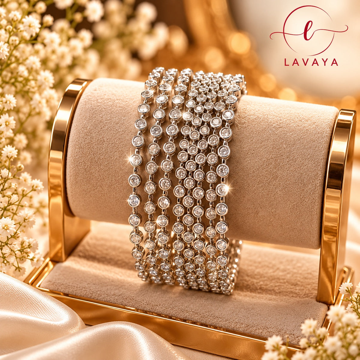 Lavaya Royal Silver-Tone Multi-Layer Crystal Bracelet – Elegant White Stone Designer Statement Bracelet