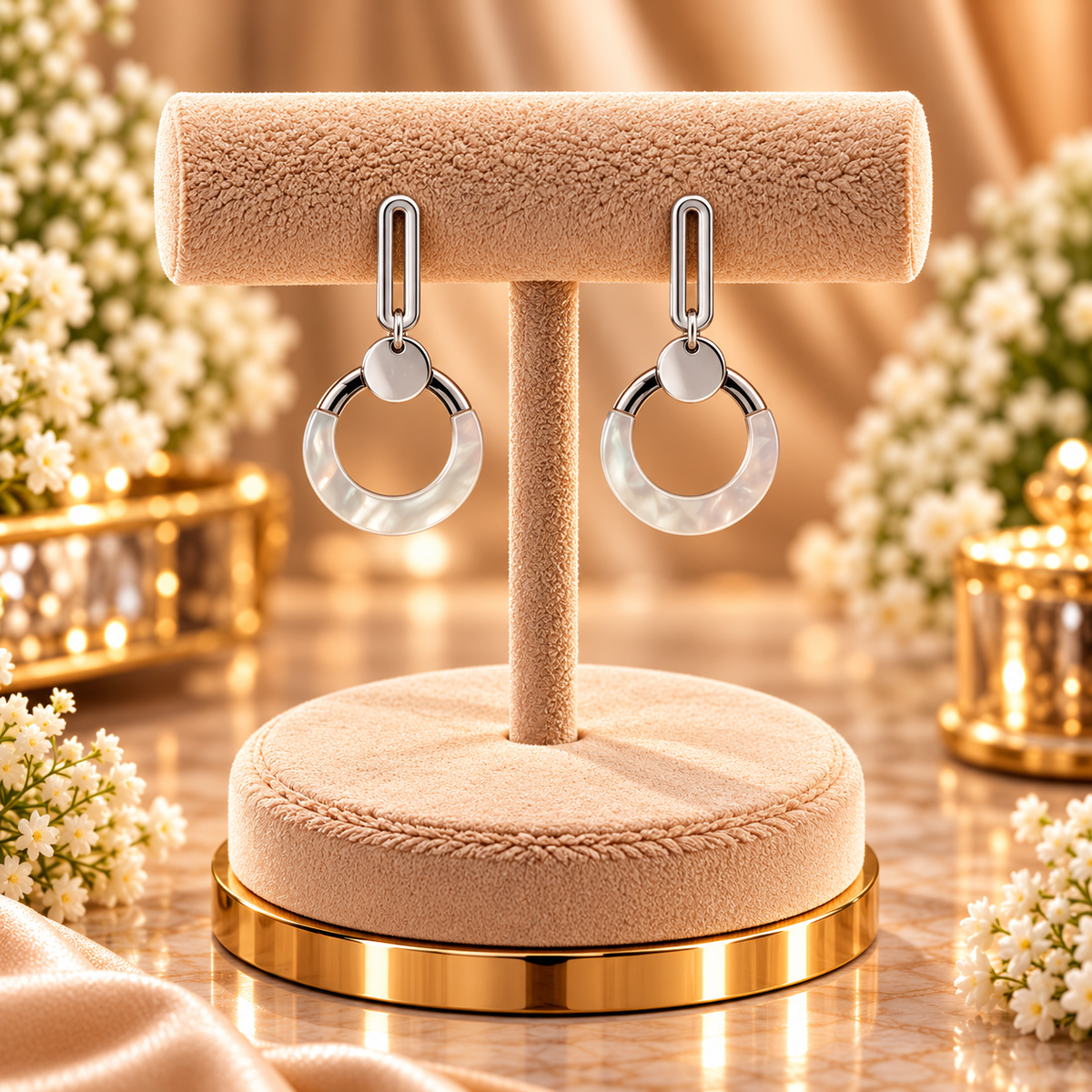 Mother of Pearl Geometric Link Drop Earrings