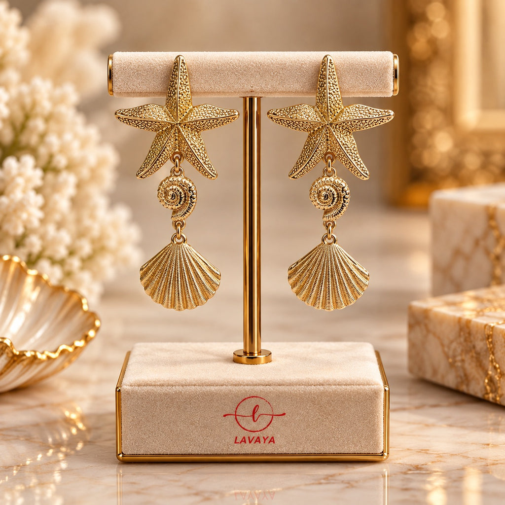 Sculpted Starfish, Spiral Conch & Fluted Seashell Cascading Drop Earrings in Textured Warm Gold Finish