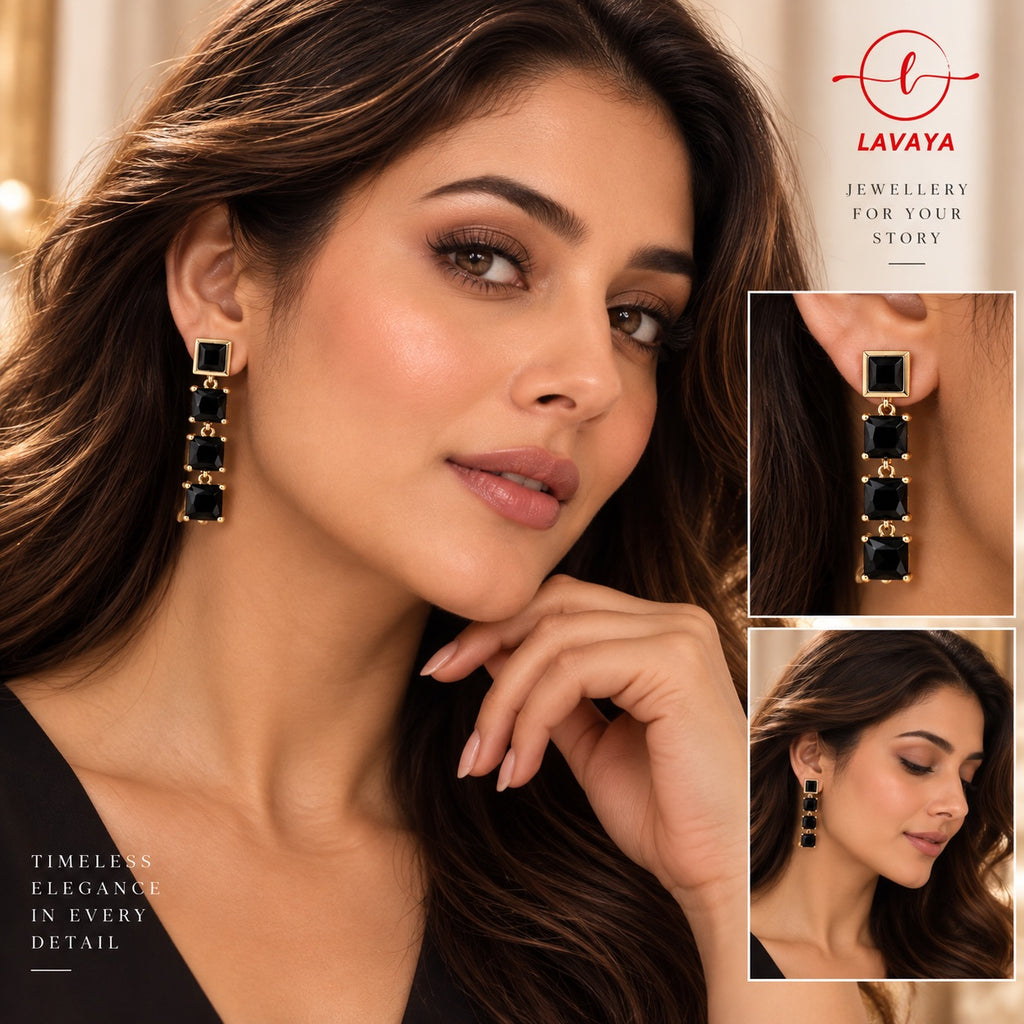 Lavaya Jet Black Onyx Crystal 4-Tier Linear Gold Drop Earrings