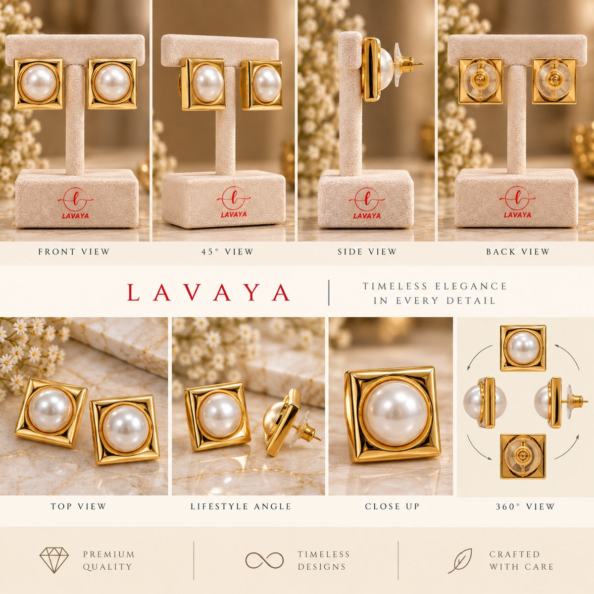 Bold Beveled Edge Gold-Plated Square Frame Pearl Button Stud Earrings for Evening & Office Wear