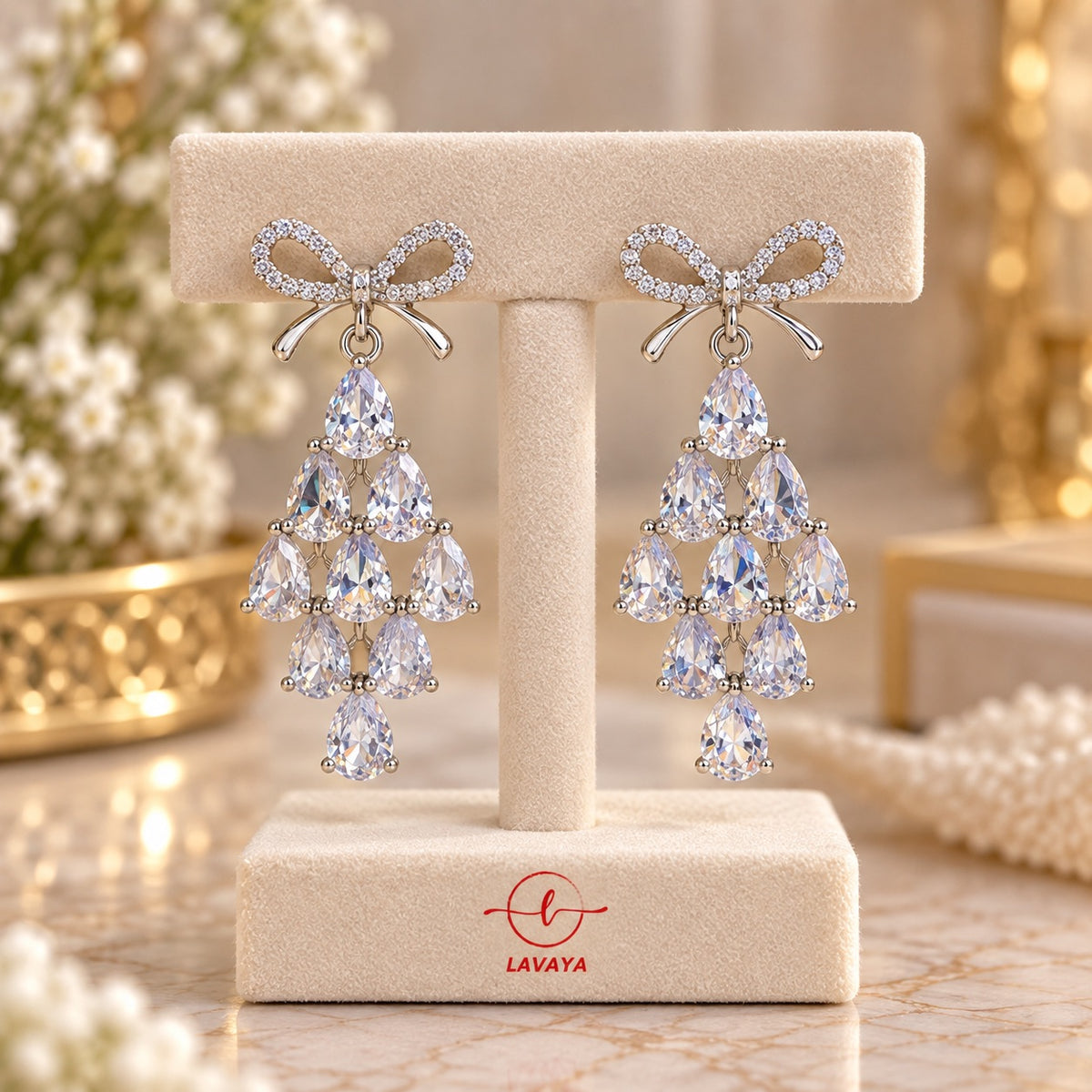Crystal Bowknot Tiered Teardrop Chandelier Statement Earrings