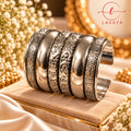 Lavaya Royal Heritage Oxidised Silver Floral Engraved Wide Cuff Kada Bracelet – Vintage Traditional Statement Jewellery