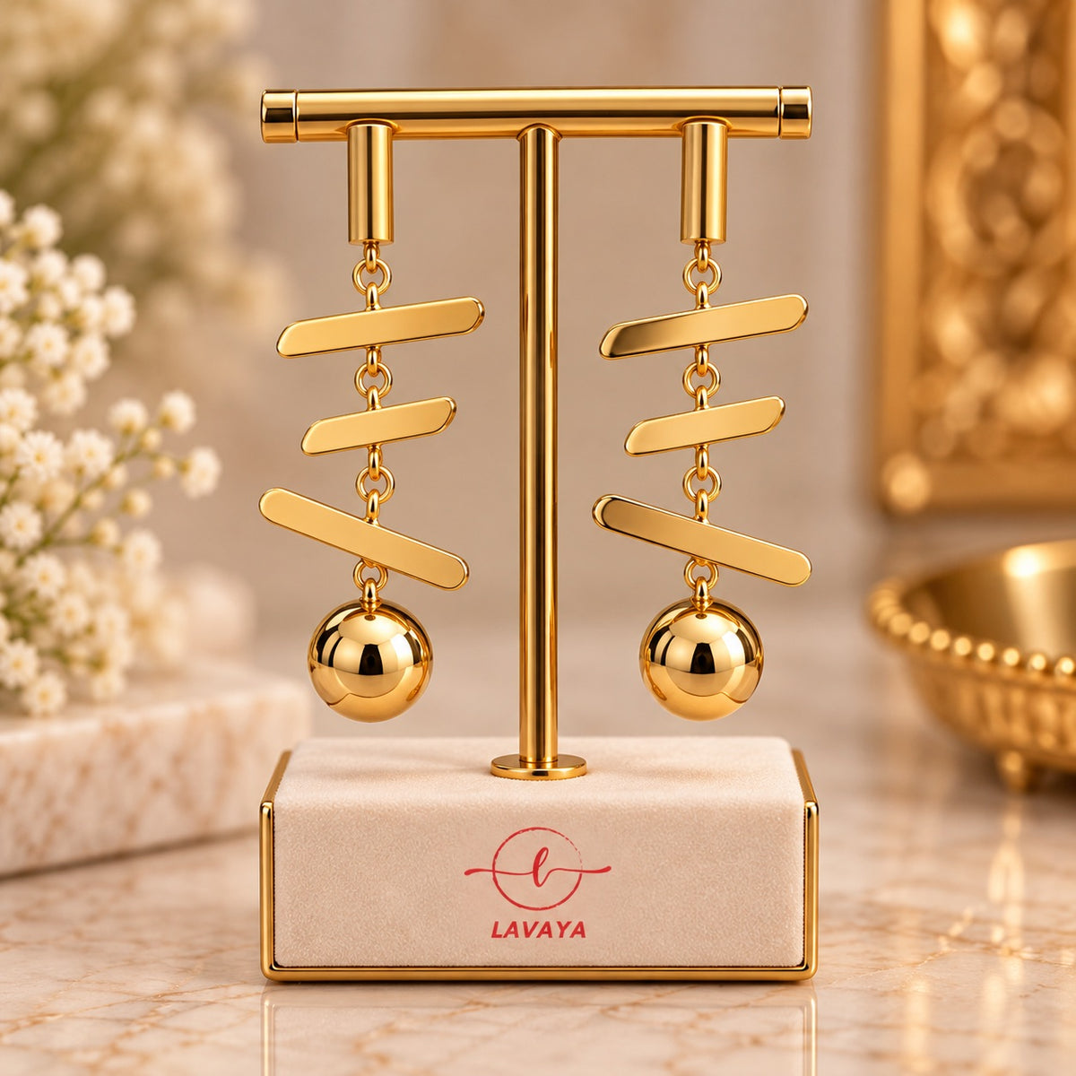 Multi-Tiered Minimalist Gold Bar Chandelier Earrings with Mirror-Finish Metallic Sphere