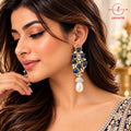 Lavaya Luxury Royal Blue Floral Leaf Earrings with Elegant Pearl Drop for Women – Premium Gold-Tone Designer Wedding & Party Wear Jewellery