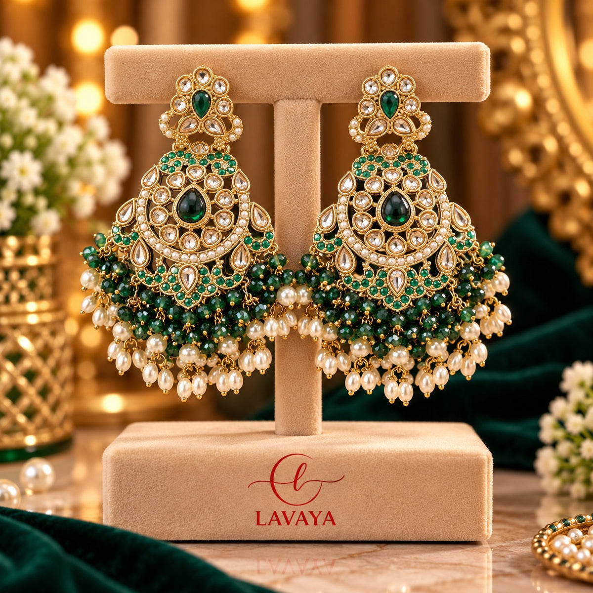 Lavaya Royal Emerald Green Kundan Statement Earrings with Pearl & Green Bead Drops
