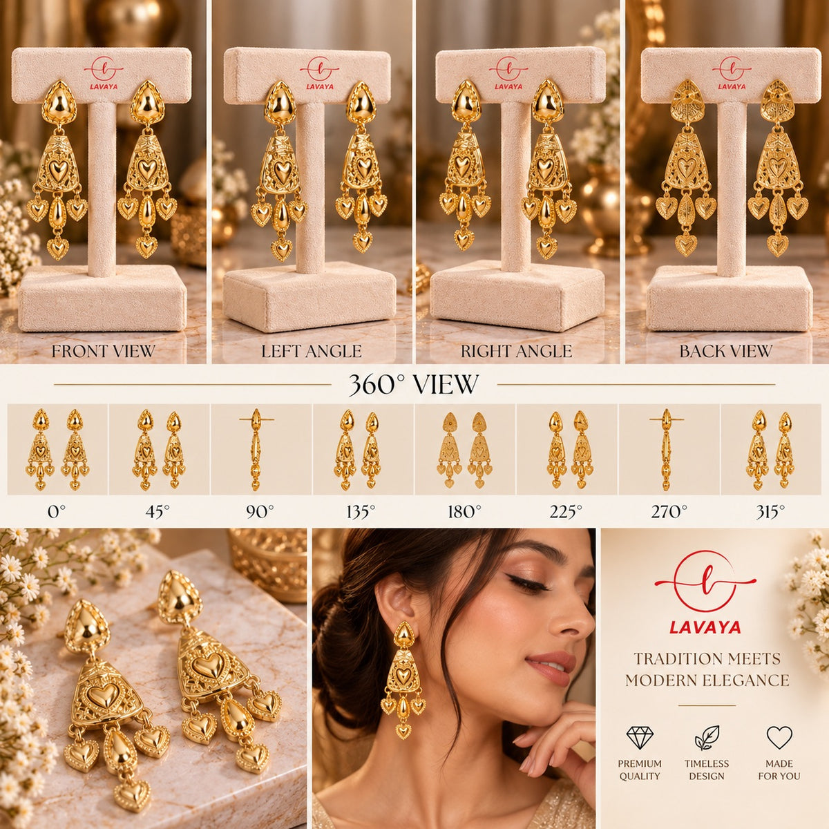 Traditional Intricate Filigree Jhumka Dangler Earrings with Cascading Heart Charms