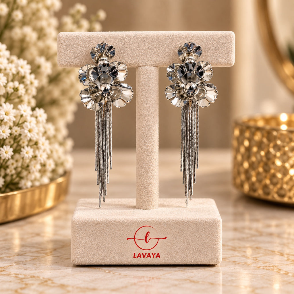Sculpted Floral Mirror-Petal Statement Chandelier Earrings with Shimmering Chain Fringe