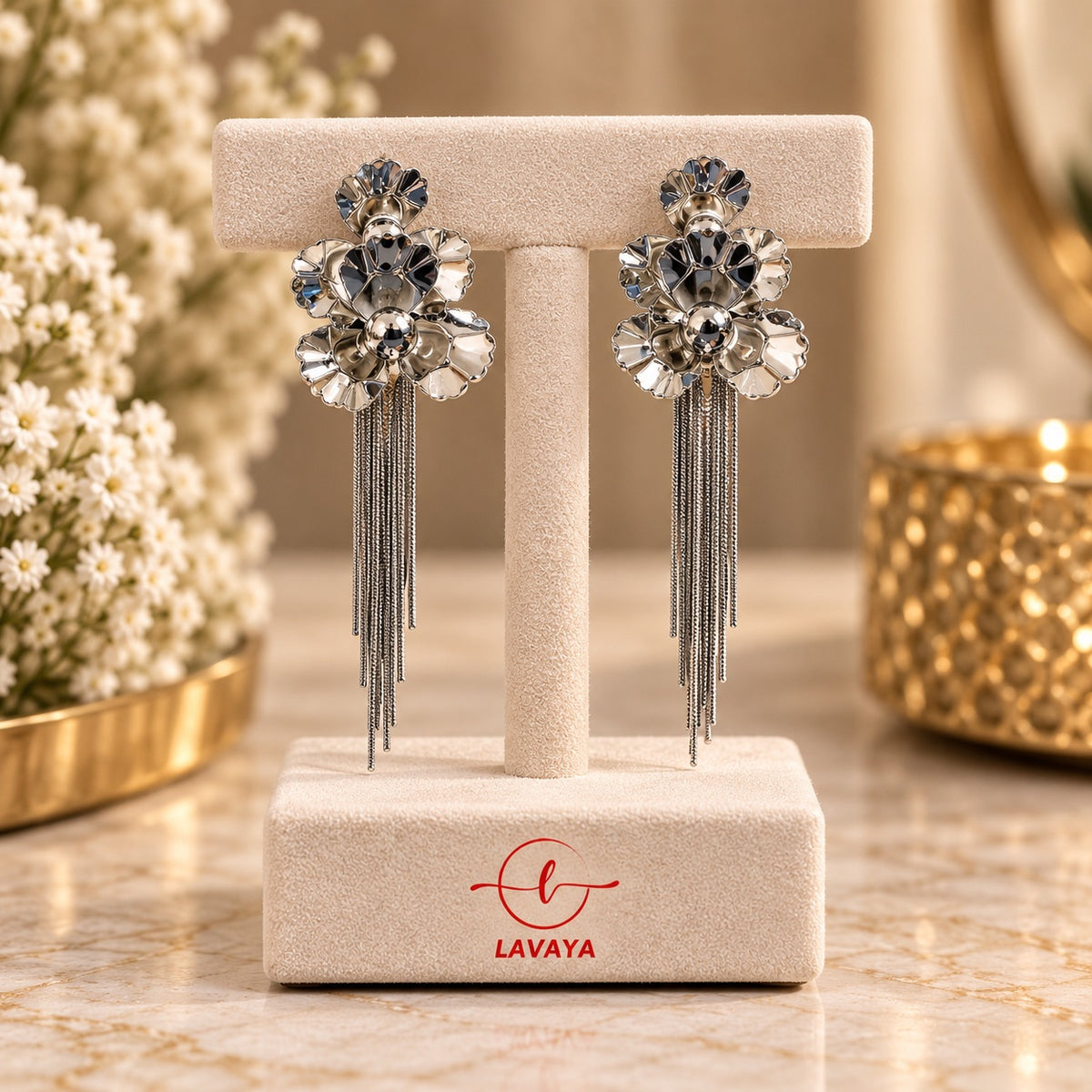 Sculpted Floral Mirror-Petal Statement Chandelier Earrings with Shimmering Chain Fringe