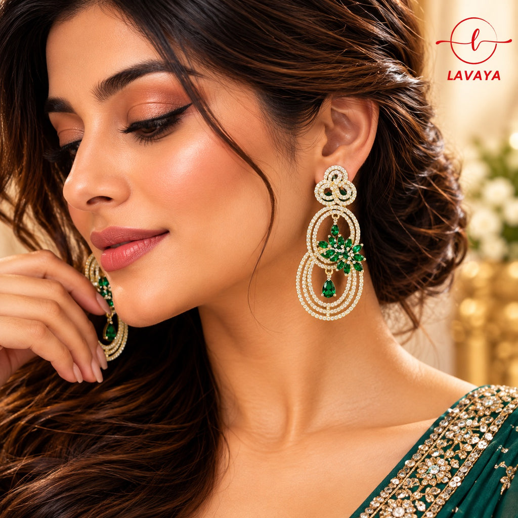 Lavaya Luxury Emerald Green Floral Crystal Chandelier Earrings for Women – Premium Gold-Tone Designer Long Drop Wedding & Party Wear Jewellery