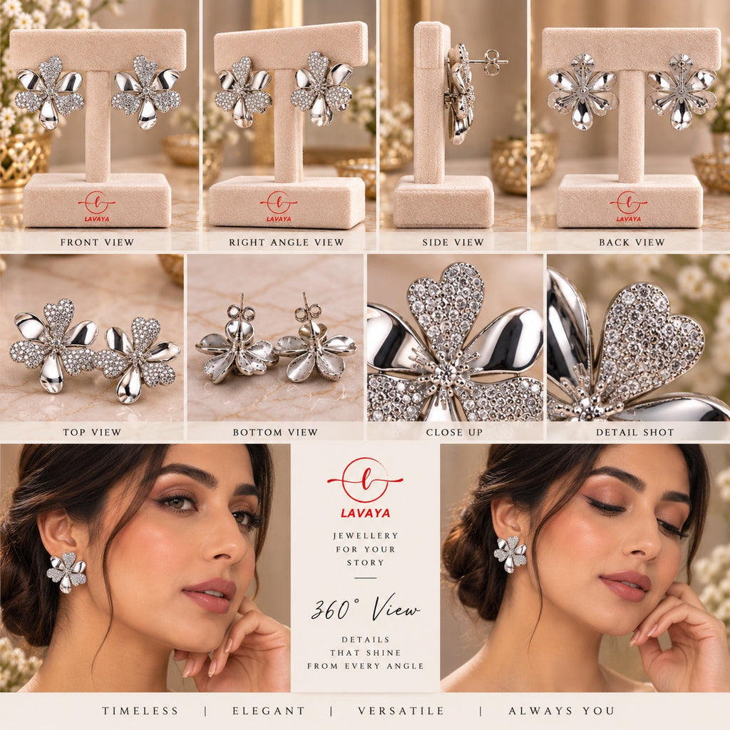 Lavaya Silver Blooming Floral Statement Stud Earrings with Pavé Crystal Petals