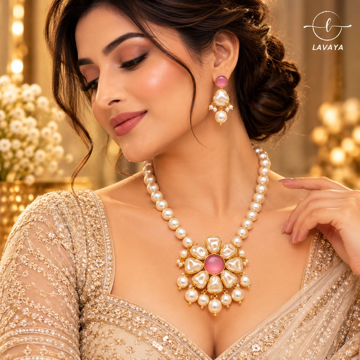 Lavaya Pearl & Pink Stone Gold-Plated Necklace and Earrings Set