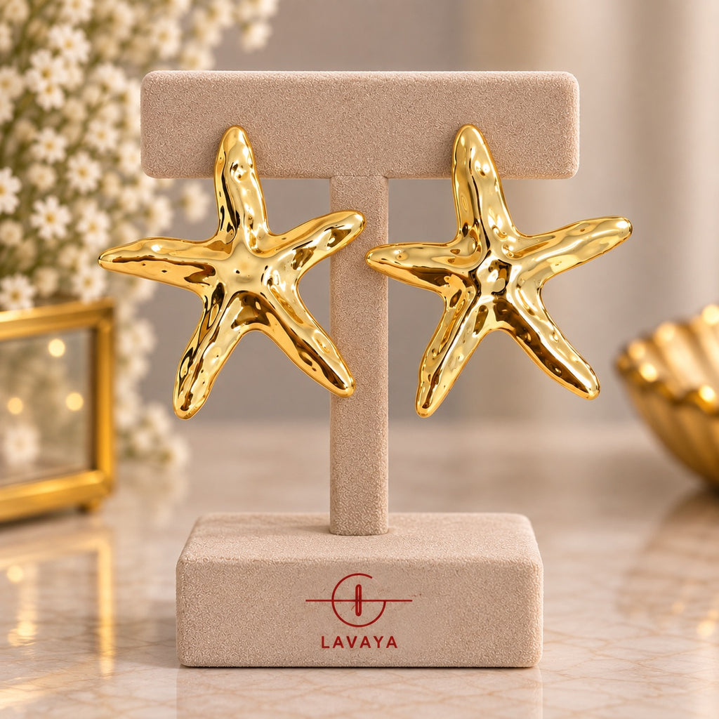 Lavaya Oversized Hammered Gold Starfish Statement Stud Earrings