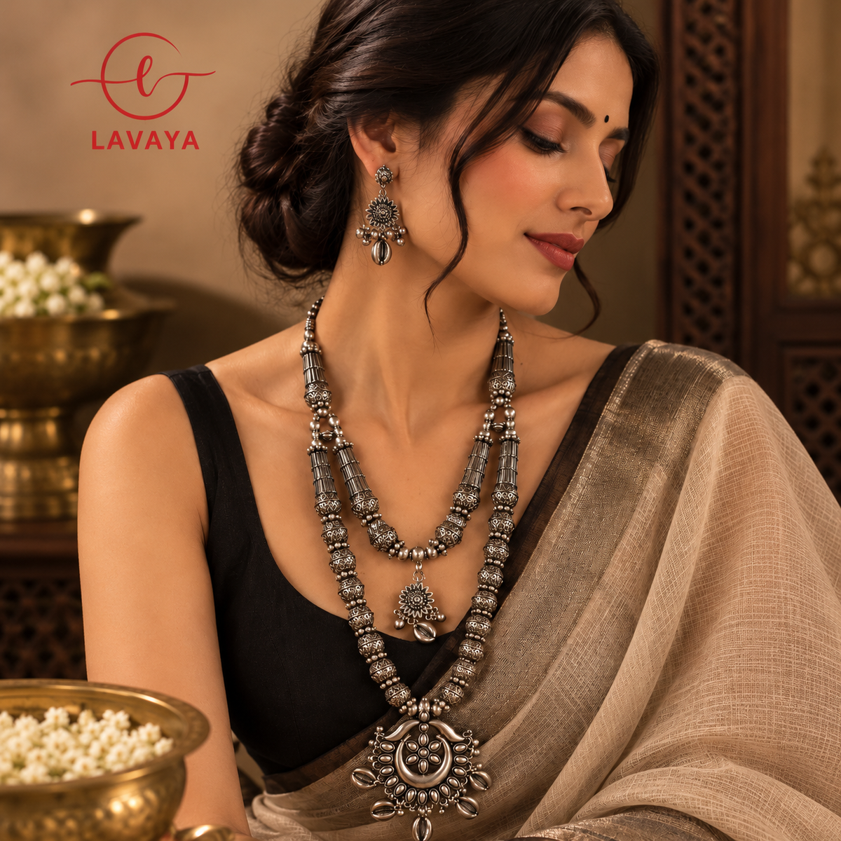 Lavaya Tribal Layered Oxidized Silver Rani Haar with Crescent Floral Medallion, Cowrie Accents & Drop Earrings
