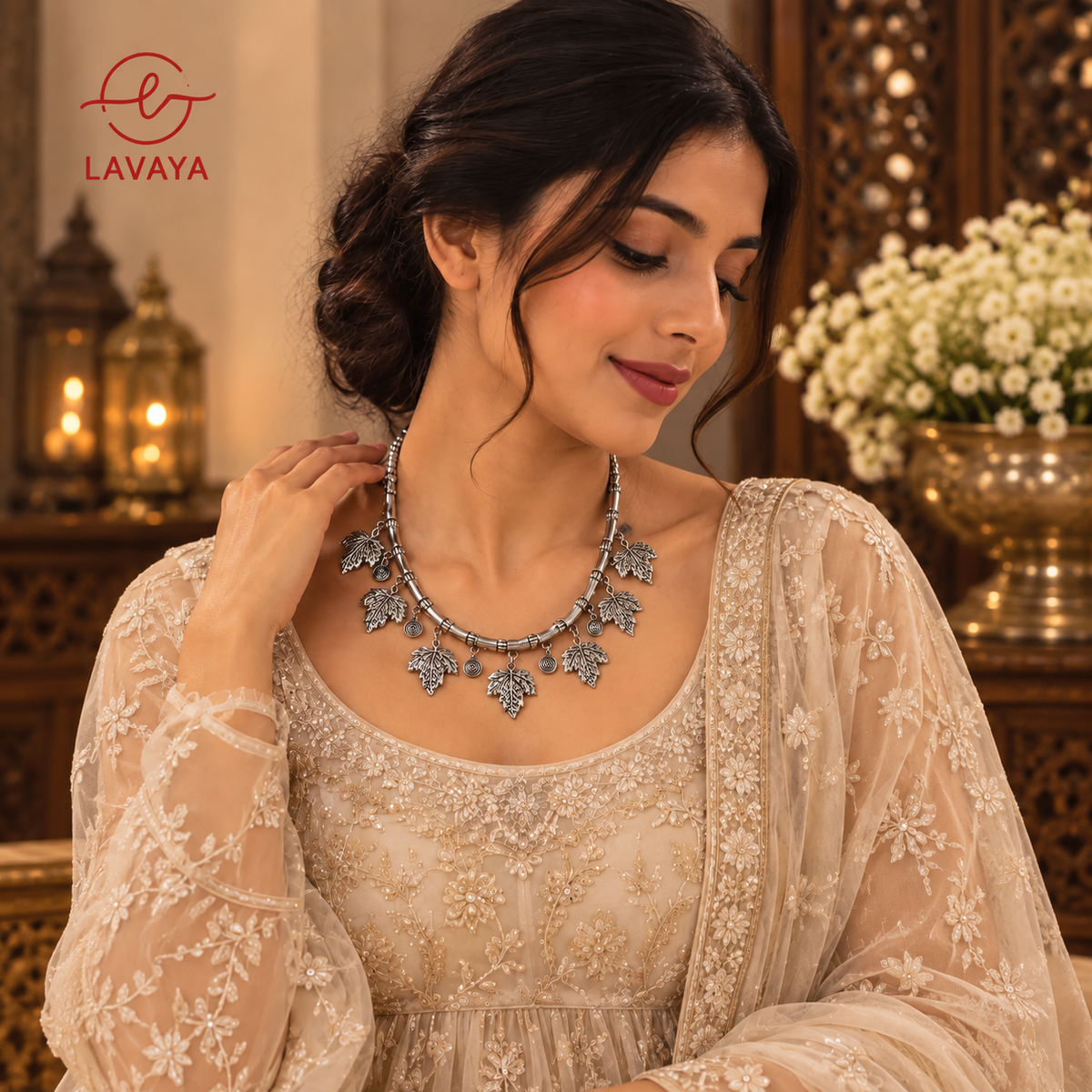 Lavaya Autumn Whisper Handcrafted Oxidized Silver Choker with Foliage & Maple Leaf Charms