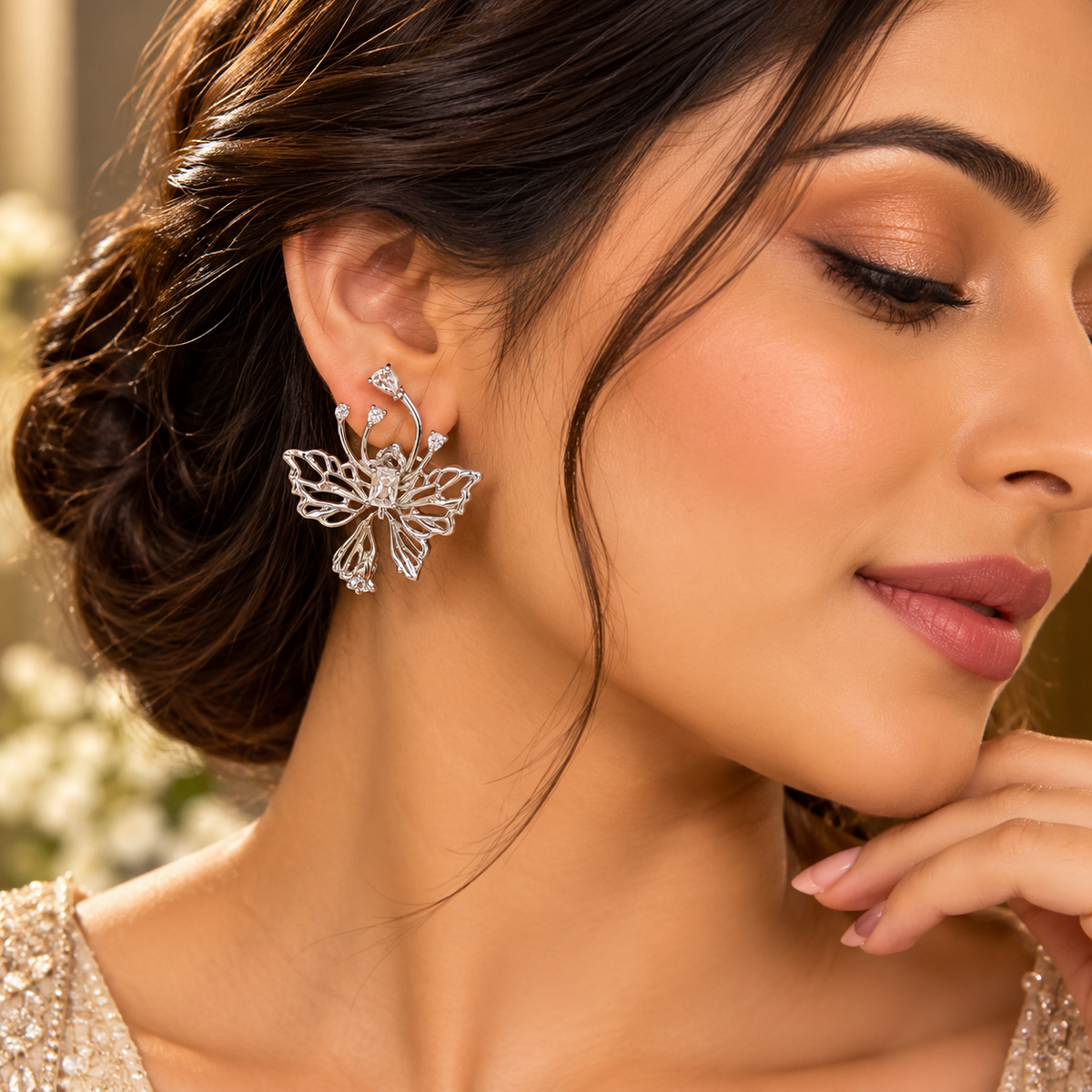 Lavaya Luxury Gold Butterfly Floral Crystal Statement Earrings for Women – Elegant Designer Earrings for Wedding, Party & Festive Wear
