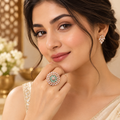 Royal Mint Green Floral Statement Ring with Rose Gold-Tone Finish & Sparkling Crystal Detailing