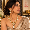 Lavaya Royal Ivory Pearl & Gold-Tone Geometric Crystal Statement Necklace with Matching Drop Earrings Jewellery Set