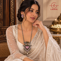 Dual-Tone Royal Elephant Motif Statement Pendant Long Necklace Set with Pastel Pink Stones & Pearl Hangings