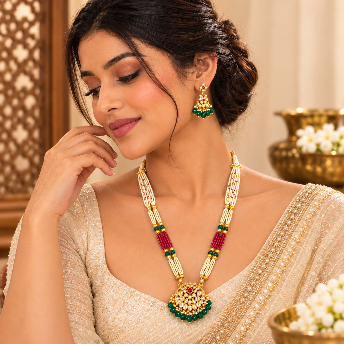 Lavaya Royal Kundan Pearl Beaded Necklace Set with Ruby Red & Emerald Green Drops and Matching Earrings