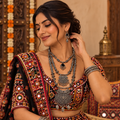 Lavaya Tribal Geometric Three-Tier Mirror Rani Haar with Ghungroo Bib Pendants & Drop Earrings