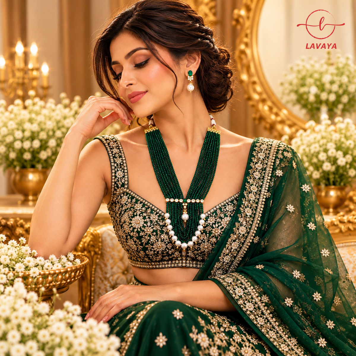 Lavaya Royal Emerald Green Multi-Strand Beaded Necklace with Pearl Drops & Matching Earrings Set