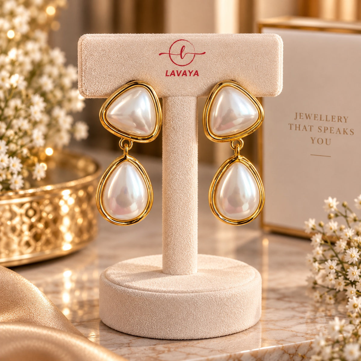 Two-Tier Geometric Triangle & Teardrop Pearl Cabochon Drop Earrings in Gold Bezel Setting