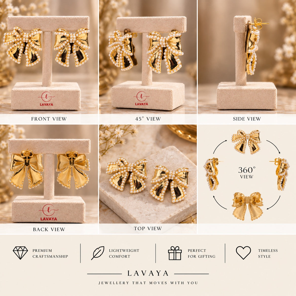 Lavaya Golden Bloom Pearl Embellished Bow Statement Earrings for Women | Elegant Floral Ribbon Design Stud Earrings