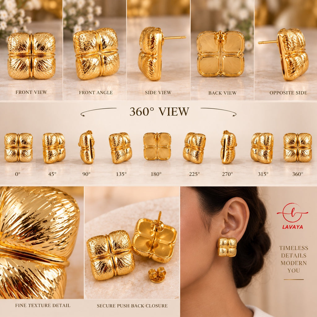 Chunky Divided Square-Cushion Gold Statement Ear Tops with Fine Herringbone Etching