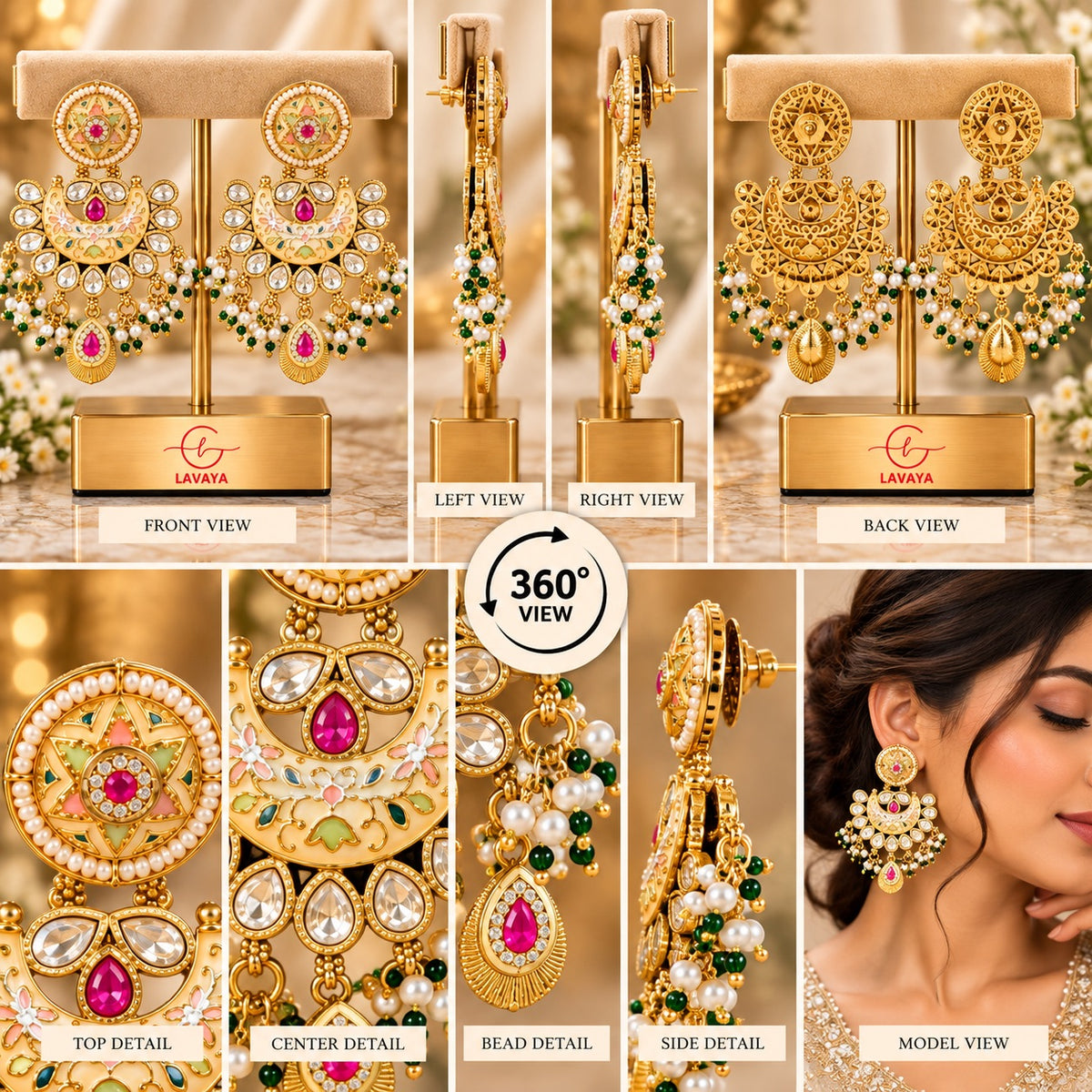 Lavaya Royal Meenakari Kundan Chandbali Earrings with Pearl & Ruby Pink Drops