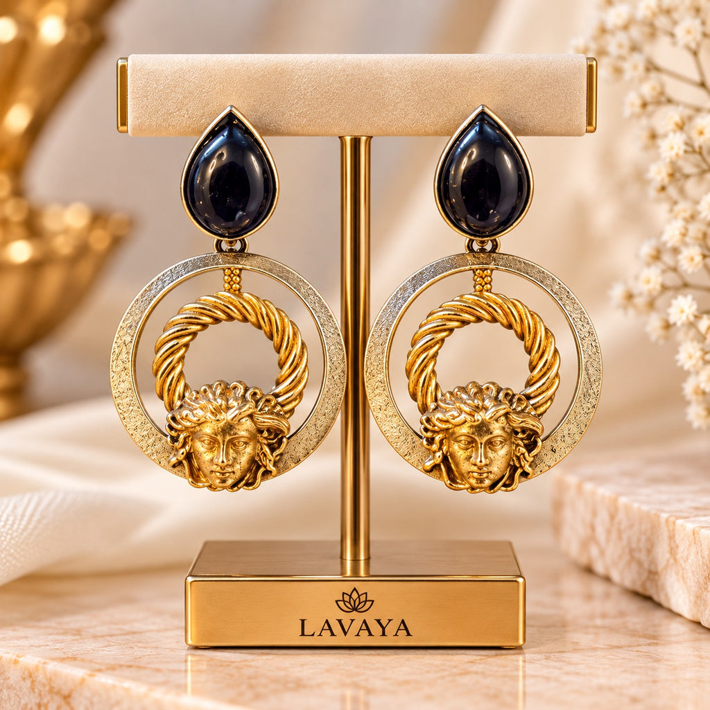Lavaya Royal Black Onyx & Antique Gold Medusa-Inspired Statement Hoop Earrings