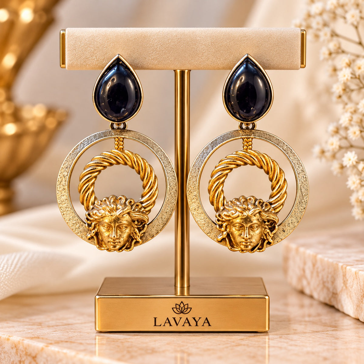 Lavaya Royal Black Onyx & Antique Gold Medusa-Inspired Statement Hoop Earrings
