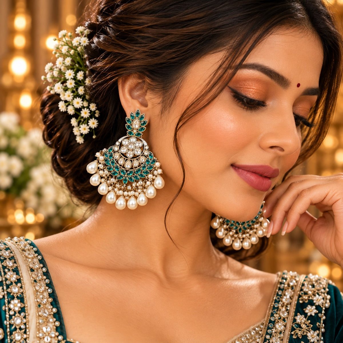 Lavaya Emerald Green Kundan Chandbali Earrings with Pearl Drops – Royal Ethnic Statement Jewellery