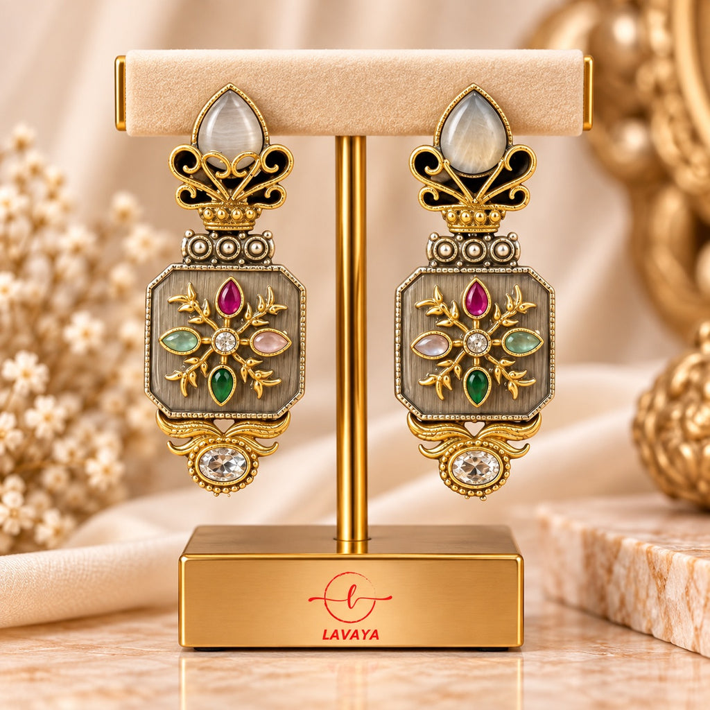 Lavaya Royal Heritage Multicolour Stone Gold-Toned Designer Statement Earrings