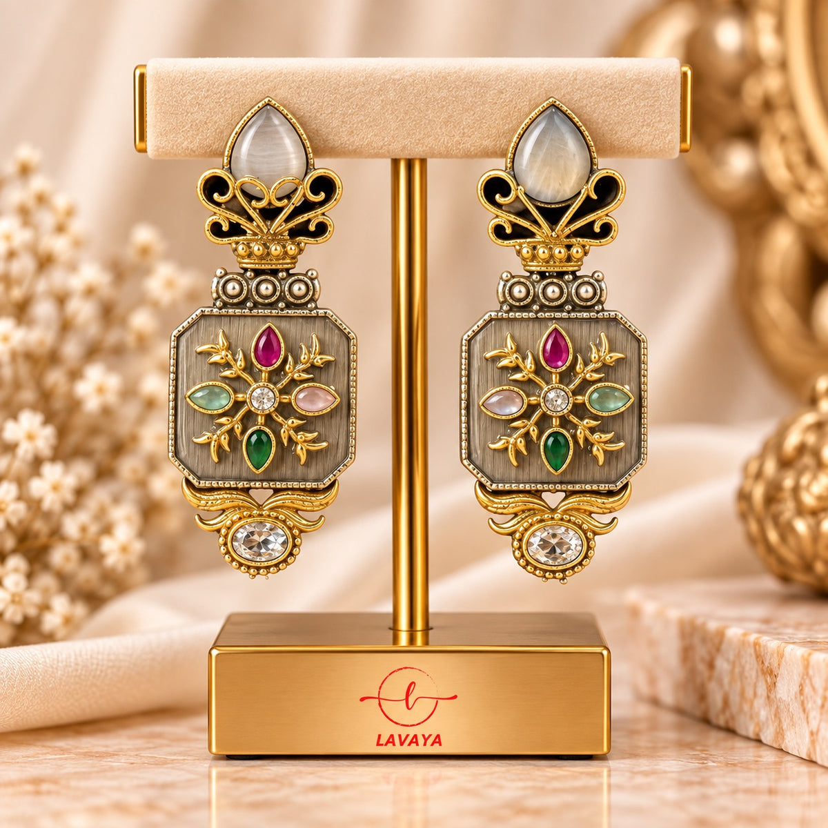Lavaya Royal Heritage Multicolour Stone Gold-Toned Designer Statement Earrings